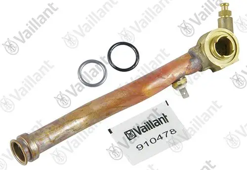 Rohr mit einer gewellten Oberfläche, gefertigt aus Kupfer und Messing, inklusive O-Ringen. Marke Vaillant, zu finden mit Artikelnummer auf dem beiliegenden Etikett.